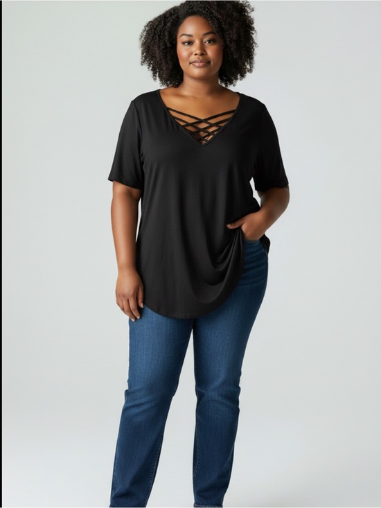 torrid Tops - Torrid Black V-Neck Tunic with Crisscross Detail Size 1